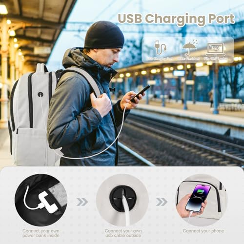 17 Inch Grey Water Resistant Travel Laptop Backpack with USB Charger Hole & Luggage Sleeve Q372
