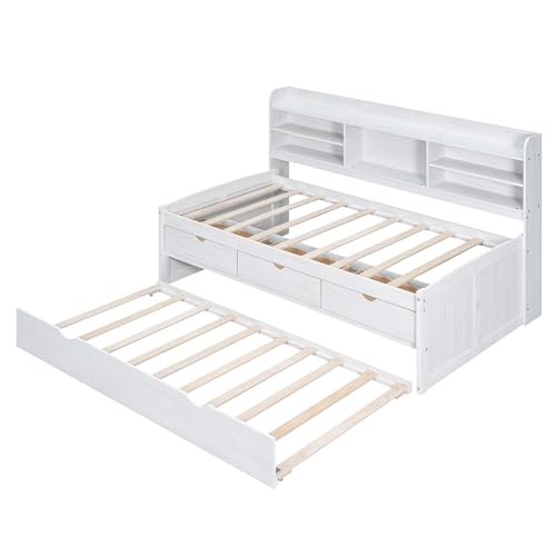 White Wash Wooden Twin Size Captain Bed with Built-in Bookshelves and 3 Storage Drawers and Trundle S277