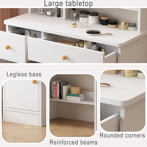 White Vanity Desk with Mirror and Lights, 3 Lighting Modes, Drawers, Open Storage Shelves J3904