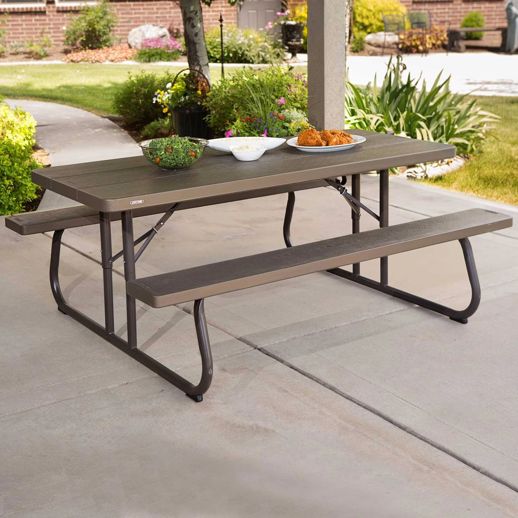 6-Foot Dark Brown Faux Wood Folding Picnic Table U529864