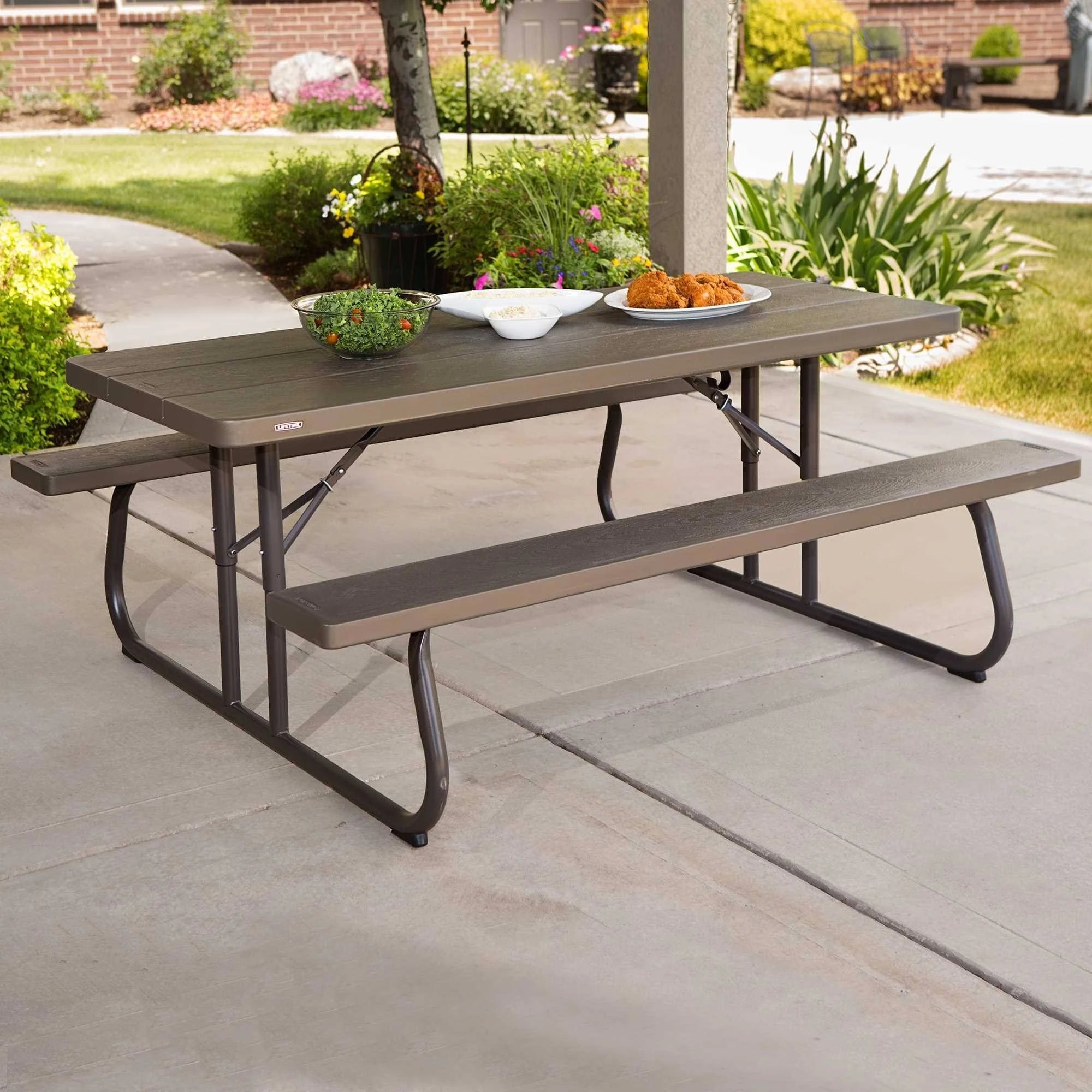 6-Foot Dark Brown Faux Wood Folding Picnic Table U529864