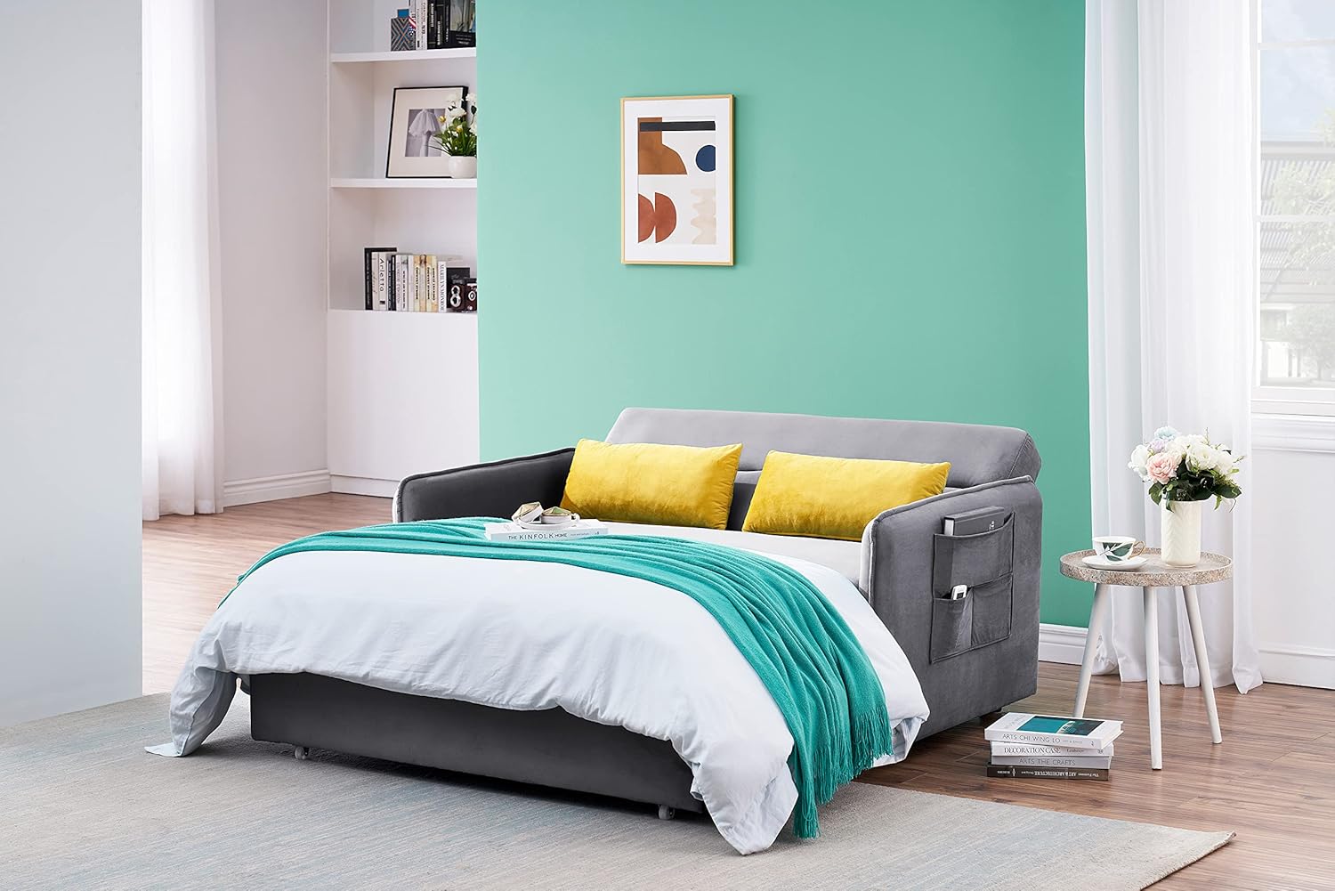 Velvet Pull Out Sofa Bed with Storage Pocket J810