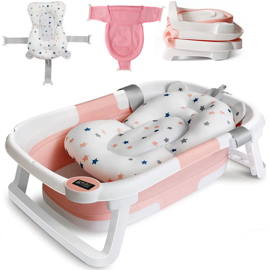 Collapsible Newborn Baby Bathtub with Pillow Cushion Support Bath Net Temperature Sensor Pink Q981