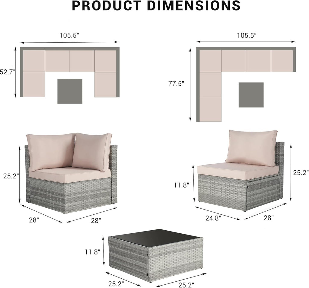 Beige 7 Piece PE Rattan Wicker Patio Conversation Set with Coffee Table B1590