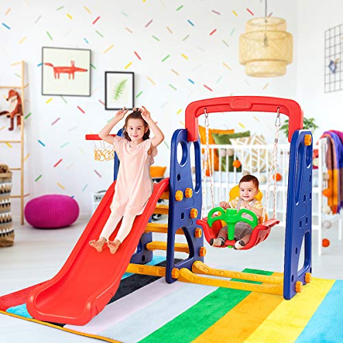 Toddler Long Slide Set, 3-in-1 Large Climber Playset with Basketball Hoop, Stairs, Thickened Panel, Playground Swing M665