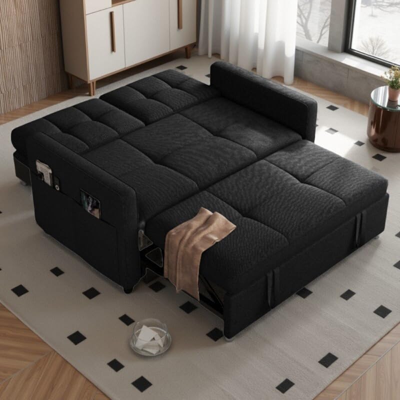 55" Convertible Sofa Bed, 3-in-1 Sleeper Sofa with Pull-Out Bed, Linen Futon Couch, Black A2959