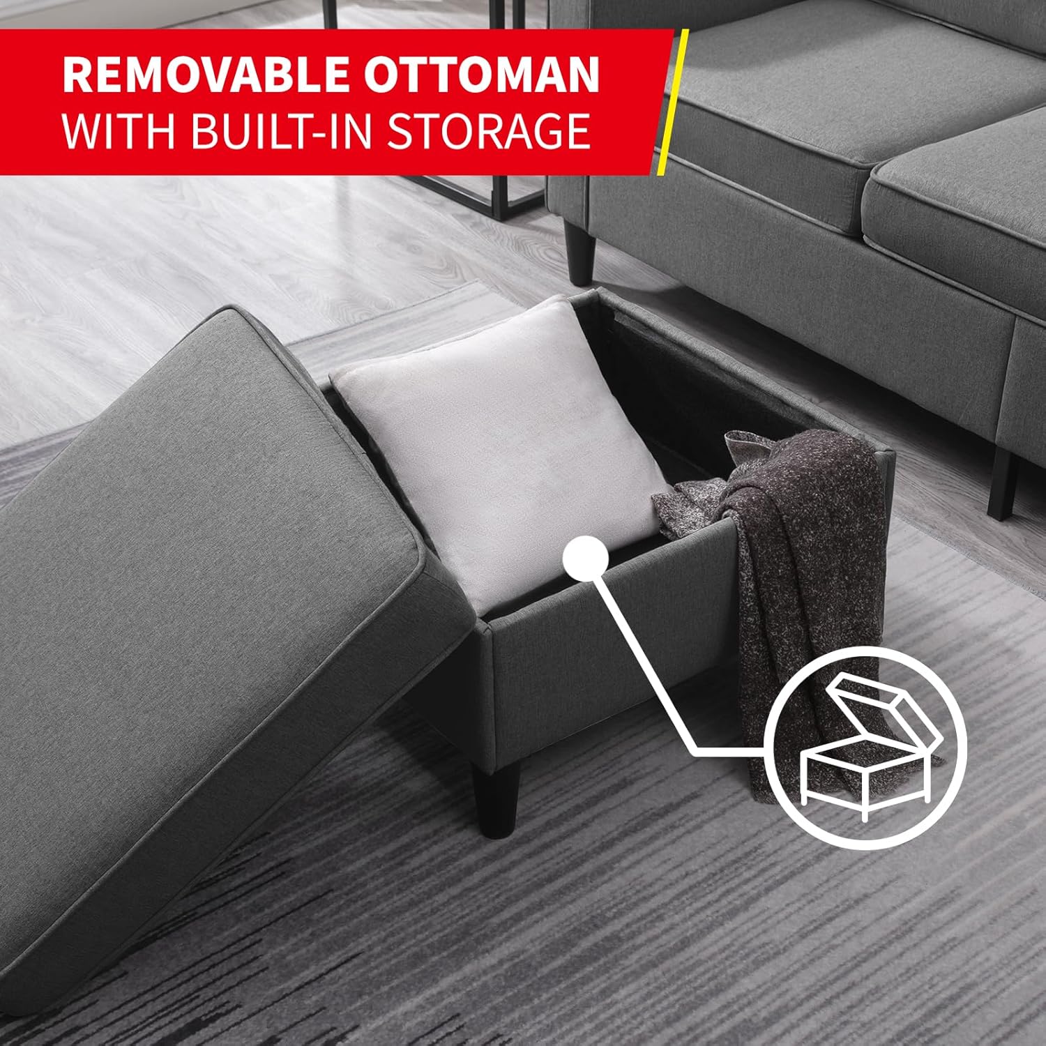 3 Piece Modular Sectional Sofa Set with Storage Ottoman (Dark Gray) F532889