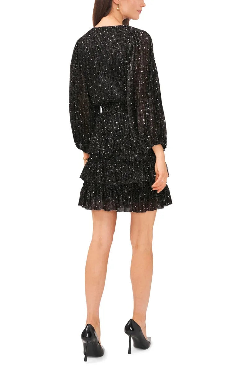 Gray Tiered Metallic Long Sleeve Dress B91193