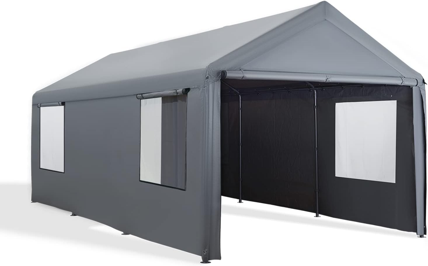 12'x20' Extra Large Heavy Duty Carport with Roll-up Ventilated Windows, Removable Sidewalls & Doors, Beige K926