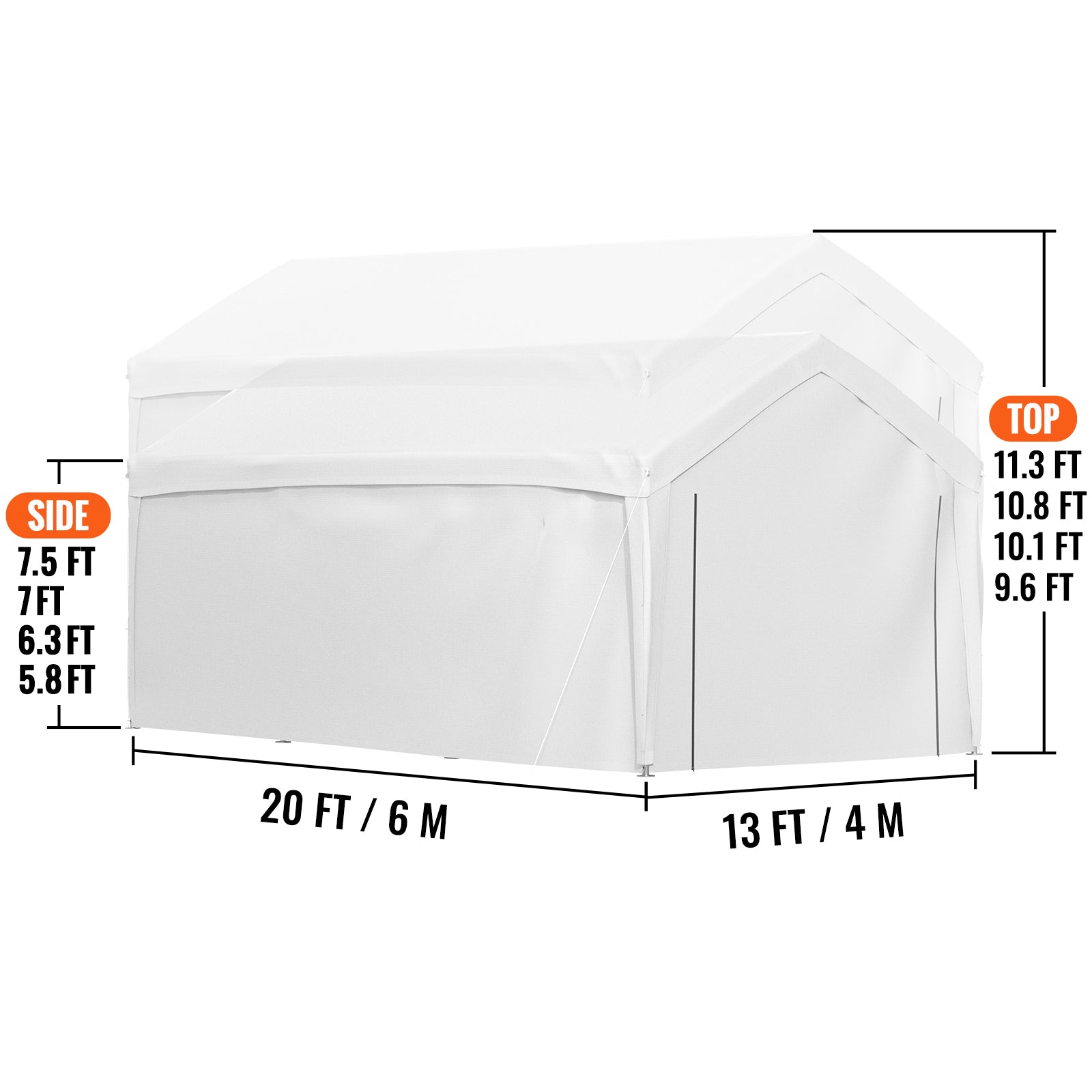 White 13 x 20ft Carport Canopy with 8 Legs and Sidewalls T5916