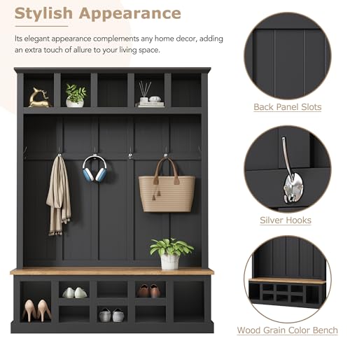 Black Wide Entryway Hall Tree with Storage Bench, Shoe Cabinet with Cube Storage, Coat Rack with 6 Hooks I265321