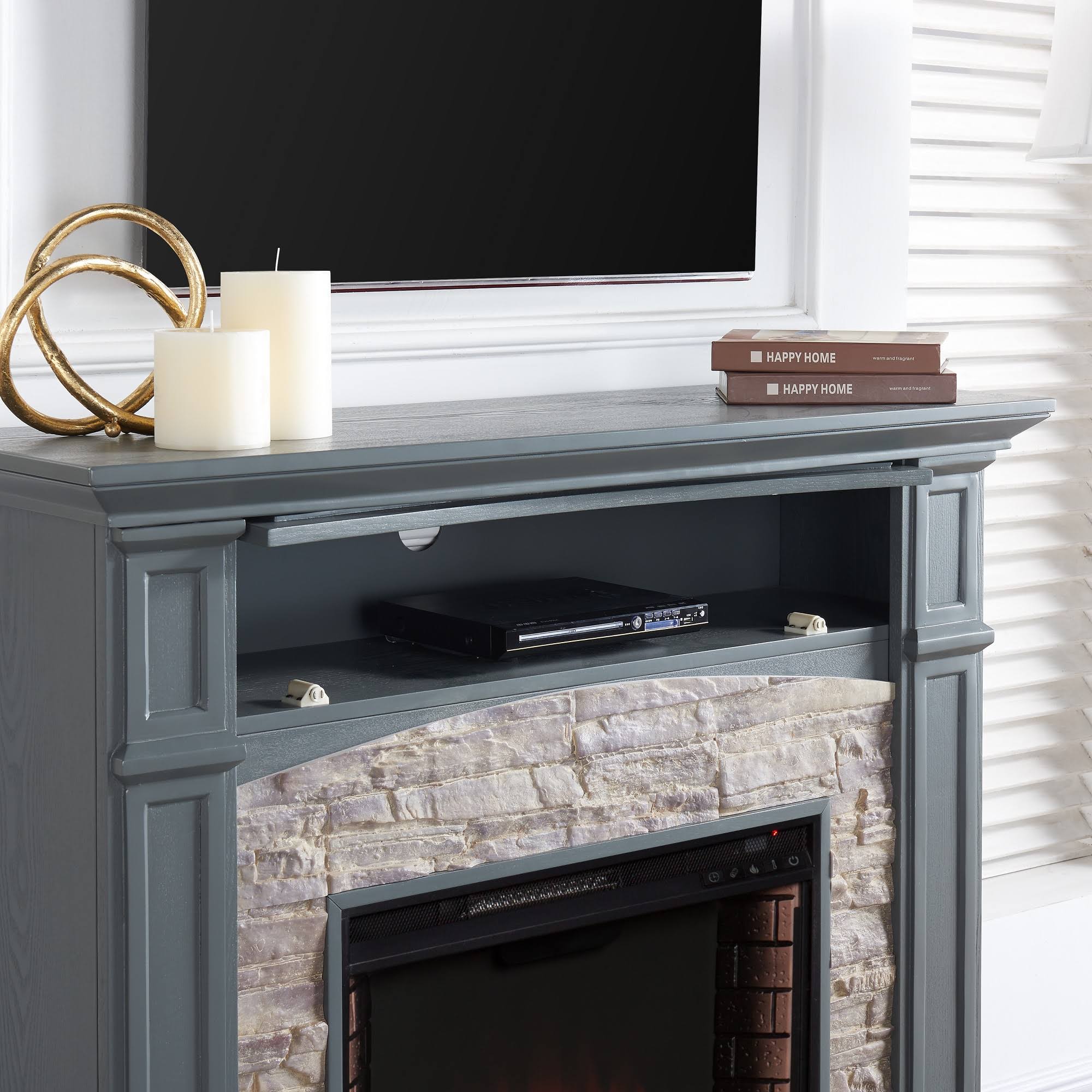 Gray Electric Media Fireplace with Weathered Stone Y3709