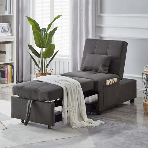 Grey Linen Upholstered Sleeper Sofa Couch with Adjustable Backrest and 1 Pillow P6803