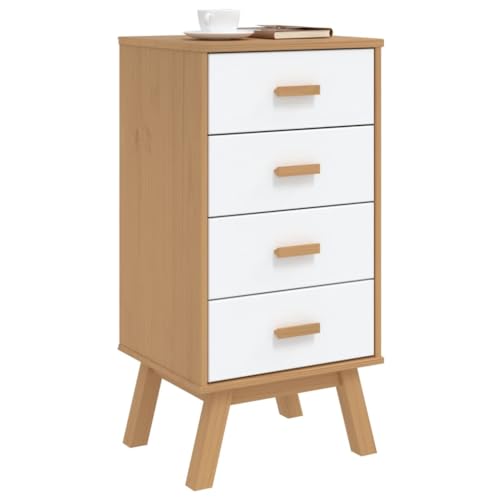 White and Brown Solid Wood Bedside Cabinet with Drawers V64474