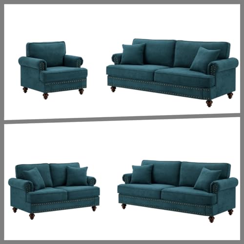 Green Fabric 3 Seater Button Tufted Sofa with Rolled Arms N900