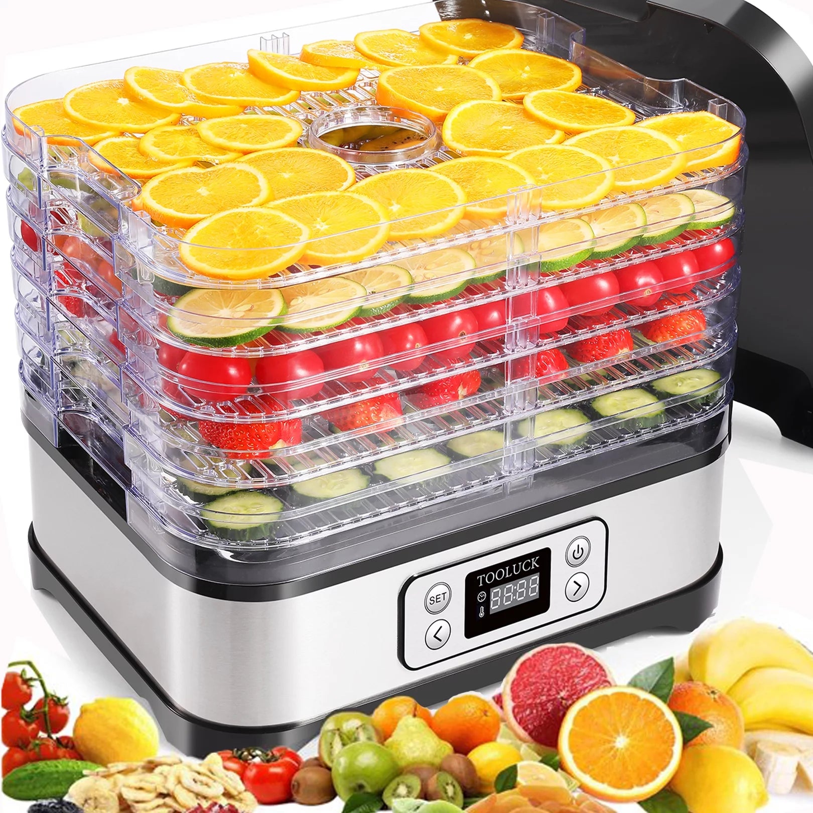 Electric Food Dehydrator, 250W, 5 Drying Trays, Stainless Steel, BPA Free X27786