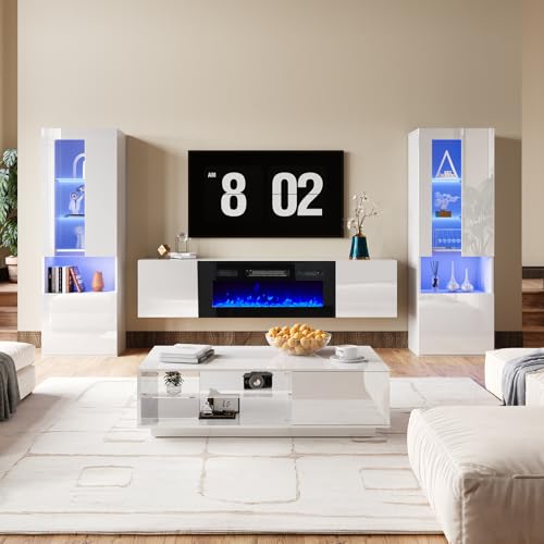 White High Gloss Entertainment Center with LED Lights, 40" Electric Fireplace, 2 Bookcases with Glass Doors L547