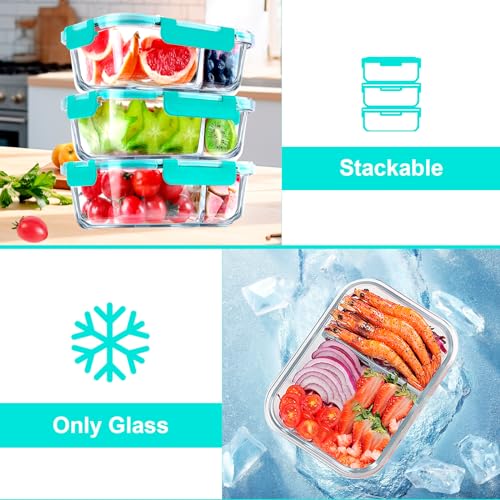 5 Pack Glass Meal Prep Containers 2 Compartment Set, 36OZ Airtight Glass Food Storage Containers with Lids, Grey P726728