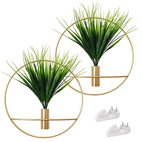 Set of 2 Artificial Plants with Gold Metal Round Hanging Hoop J435