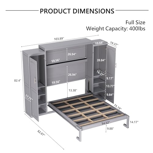 Full Size Wood Murphy Bed with Two Closets and Storage Shelf, Walnut R919758