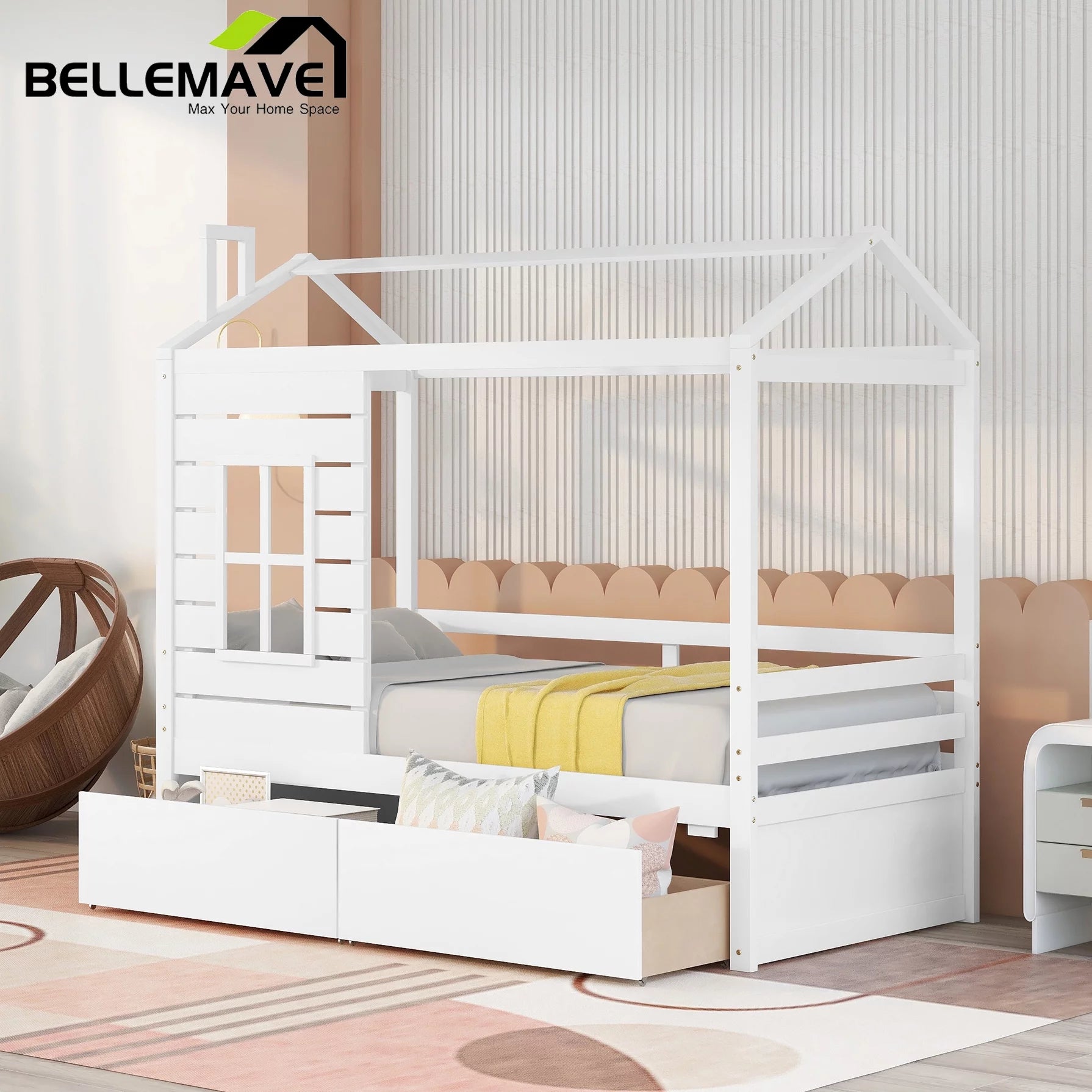White Twin Size Wooden House Bed with Drawers and Guard Rails M1444