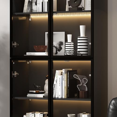 Black Glass Display Cabinet with 5-Tier Shelves and 4 Doors D9293