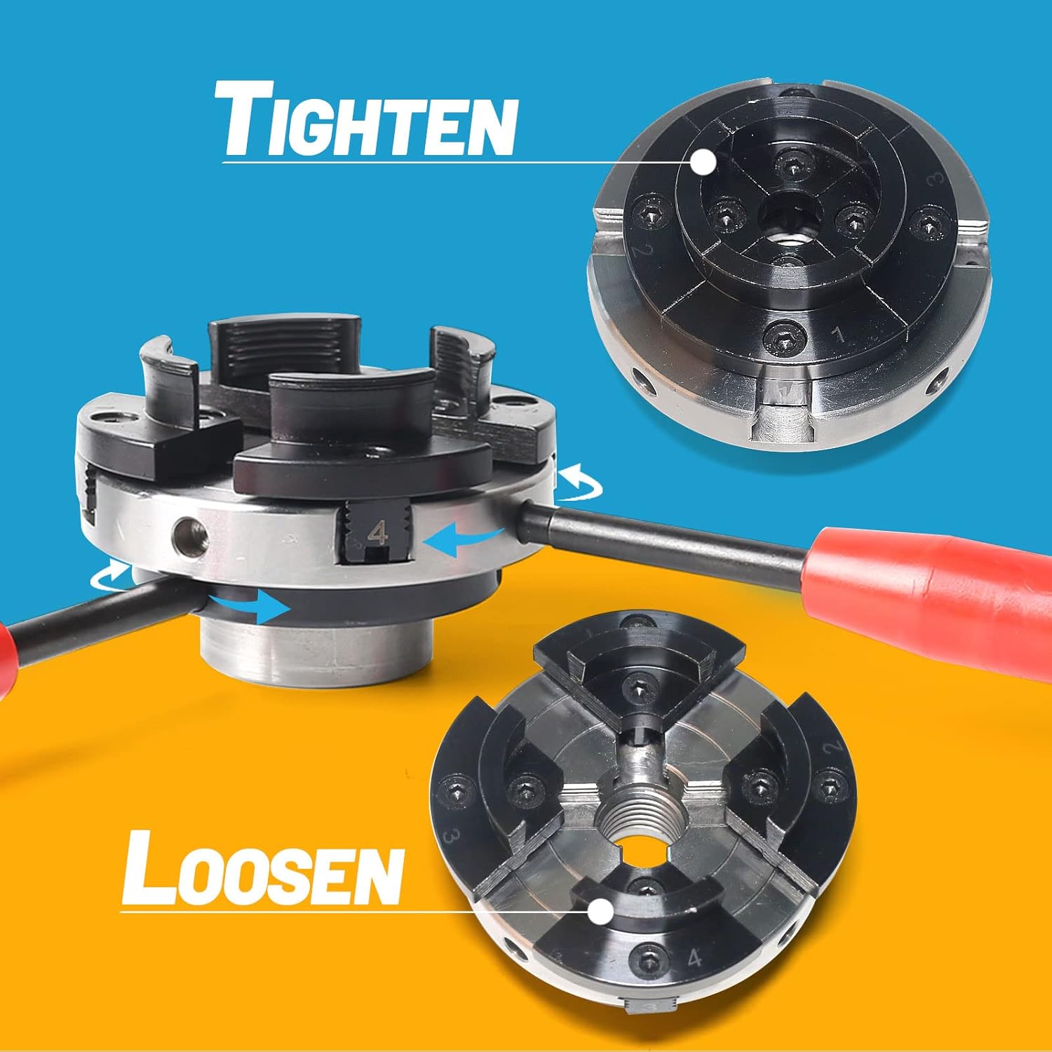 4 Inch Wood Lathe Chuck 5 Interchangeable 4-Jaw Nickel Plated Chuck with 1"x8Tpi Thread & 3/4"x16Tpi Adapter Q88309