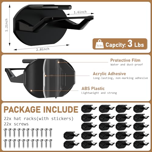 22 Pack Adhesive Black Hat Hooks for Wall Z17578
