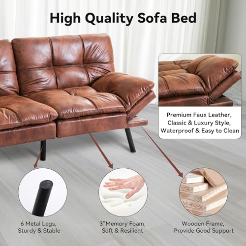 Brown Faux Leather Memory Foam Futon Sofa Bed K3667