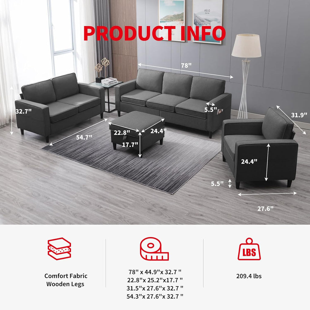 3 Piece Modular Sectional Sofa Set with Storage Ottoman (Dark Gray) F532889