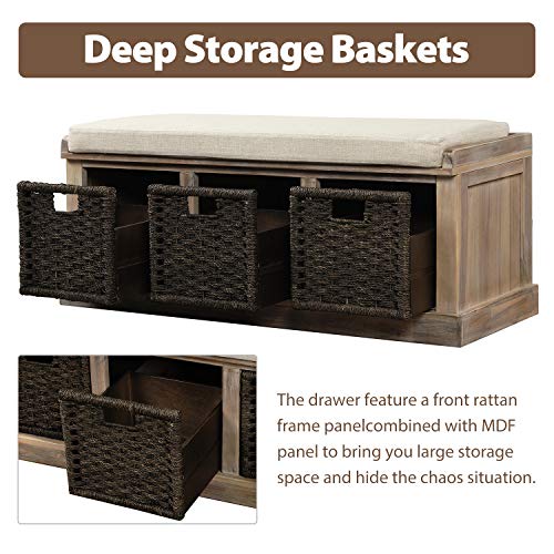 Grey Wicker Storage Bench with Cushion, 3-Drawer and 3 Woven Baskets Y350786