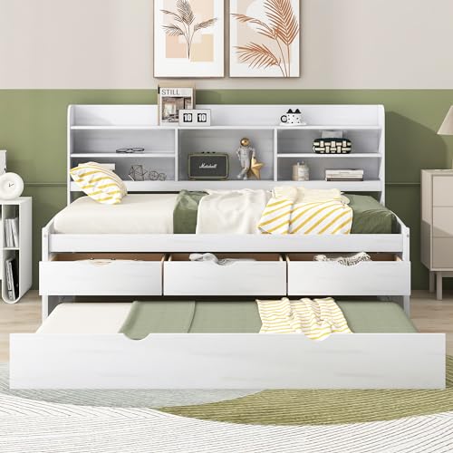 White Wash Wooden Twin Size Captain Bed with Built-in Bookshelves and 3 Storage Drawers and Trundle S277