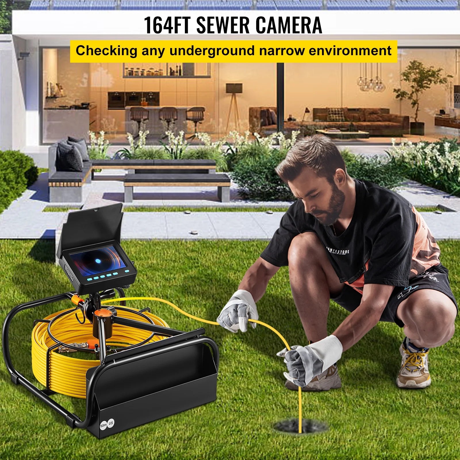 Sewer Camera 164FT Cable Pipeline Inspection Camera 4.3 Inch TFT LCD Monitor Waterproof IP68 Duct Inspection Camera with 6PCS LEDs 8500MAH Lithium Battery R964484