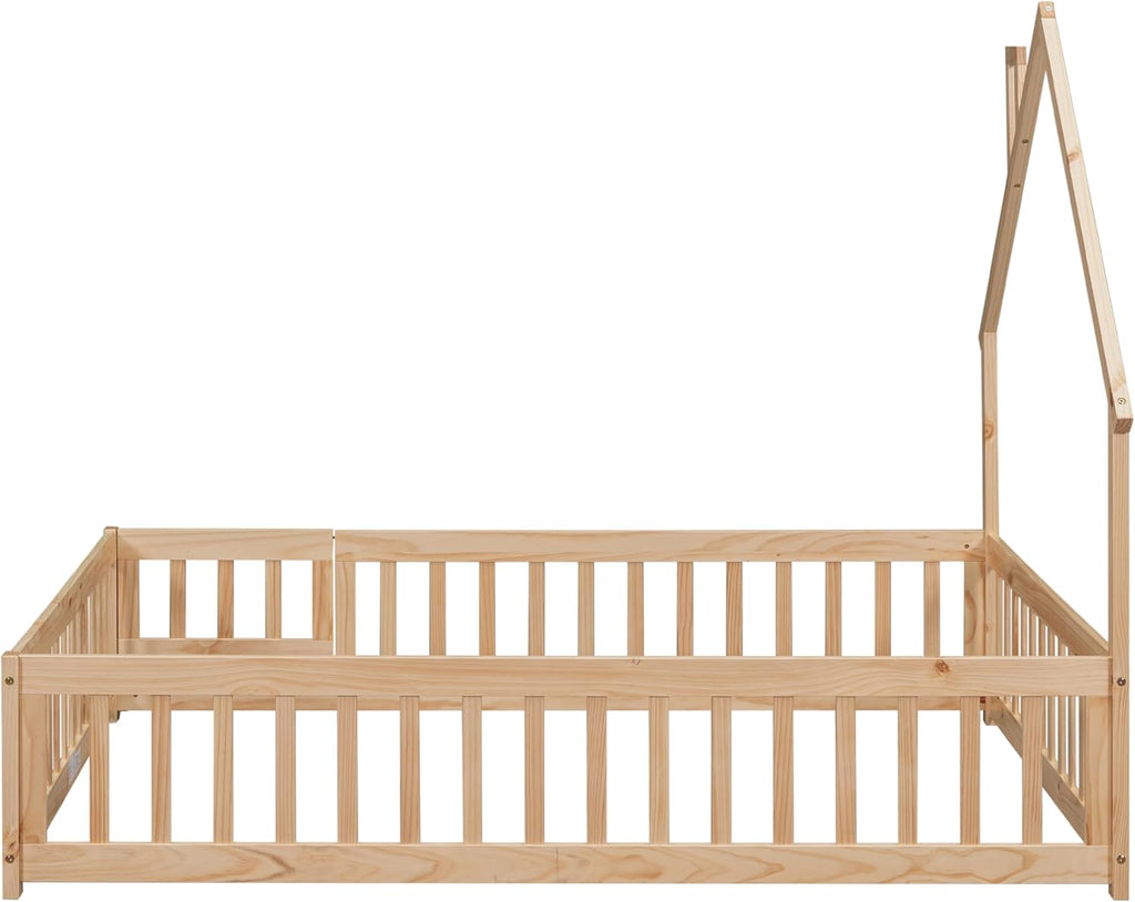 Natural Full Size Floor Bed Frame with Fence and Door J194965