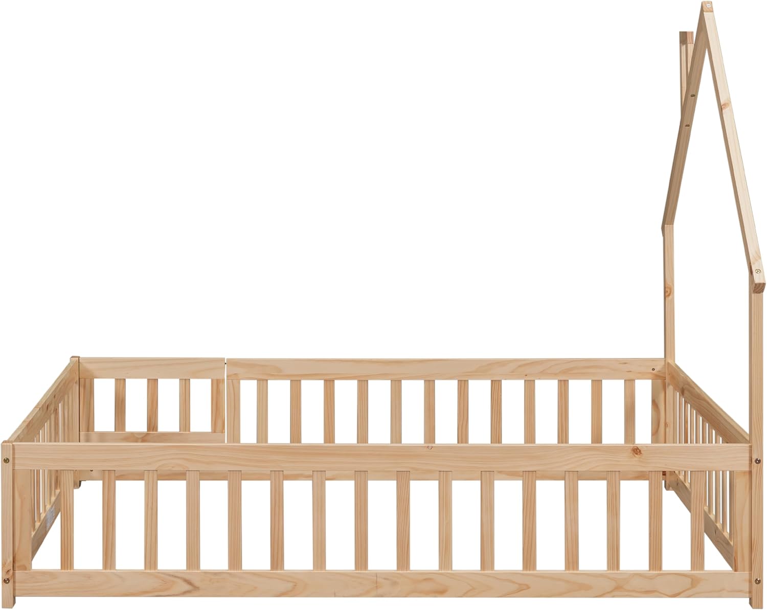 Natural Full Size Floor Bed Frame with Fence and Door J194965