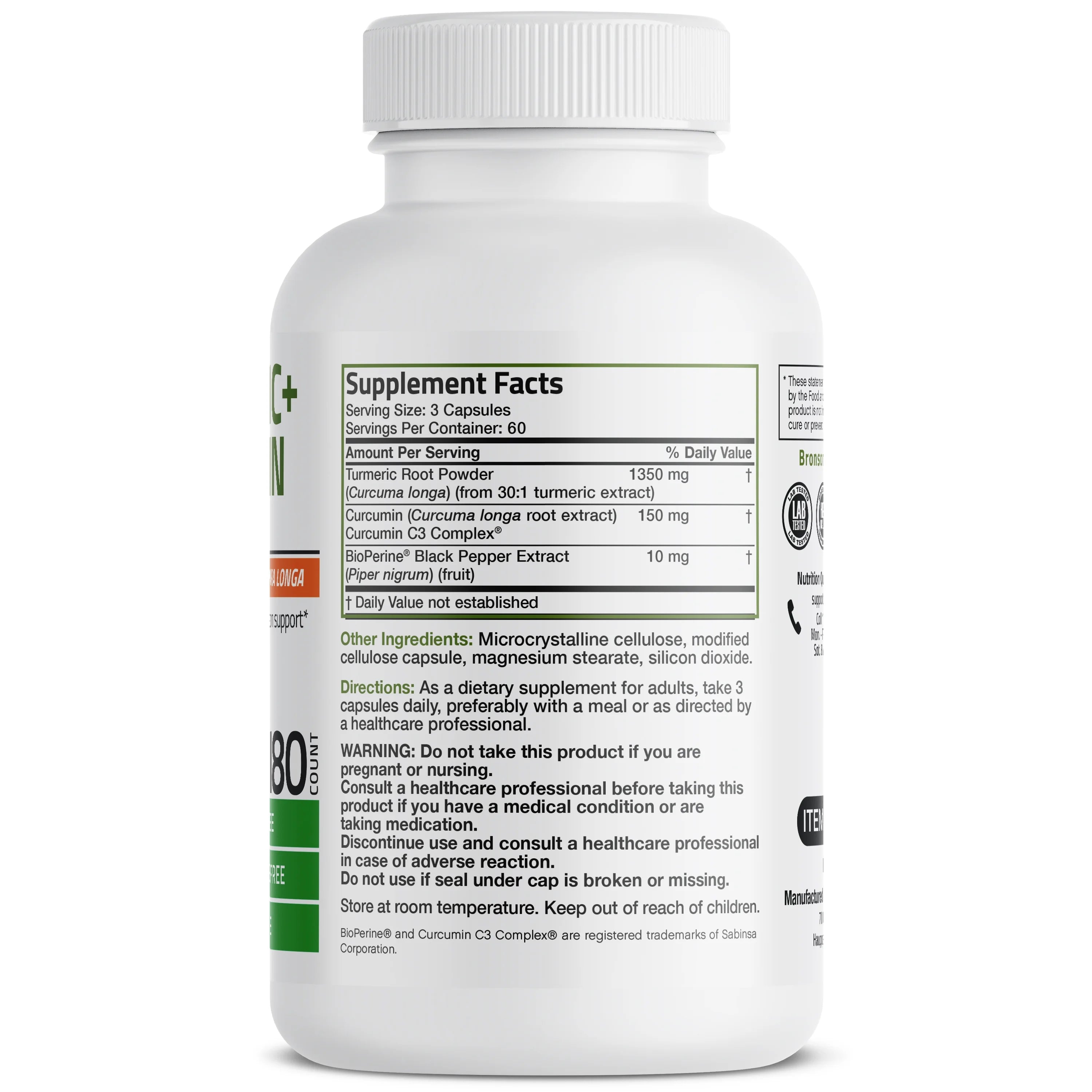 Turmeric Curcumin 1500 MG per Serving, 180 Vegetarian Capsules P722