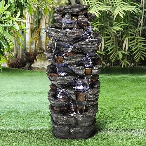 Large Outdoor Water Fountain, 47 1/5” H 9-tier with LED Light, Resin V2754