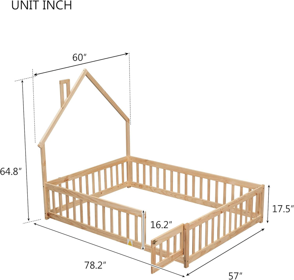 Natural Full Size Floor Bed Frame with Fence and Door J194965