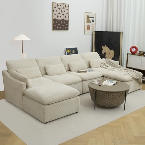 Modular Sectional Sofa, Fluffy Corduroy, Oversized 4 Seater with Ottomans O489940