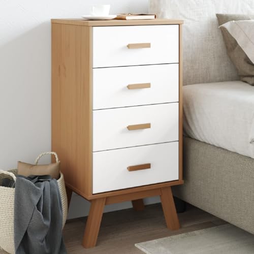 White and Brown Solid Wood Bedside Cabinet with Drawers V64474