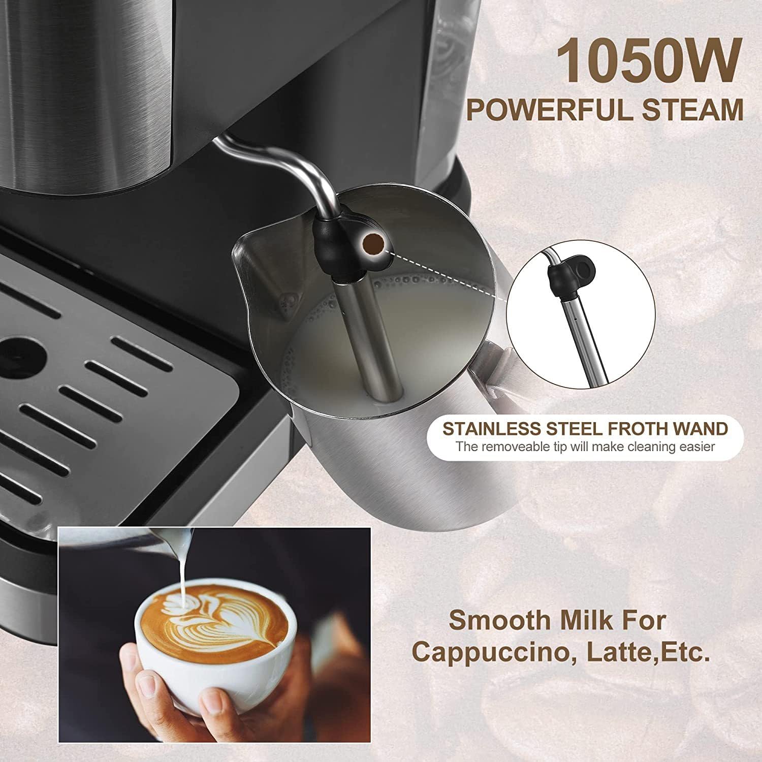 20 Bar Semi-Automatic Espresso Machine with Milk Frother Steam Wand, 50oz Removable Water Tank M956