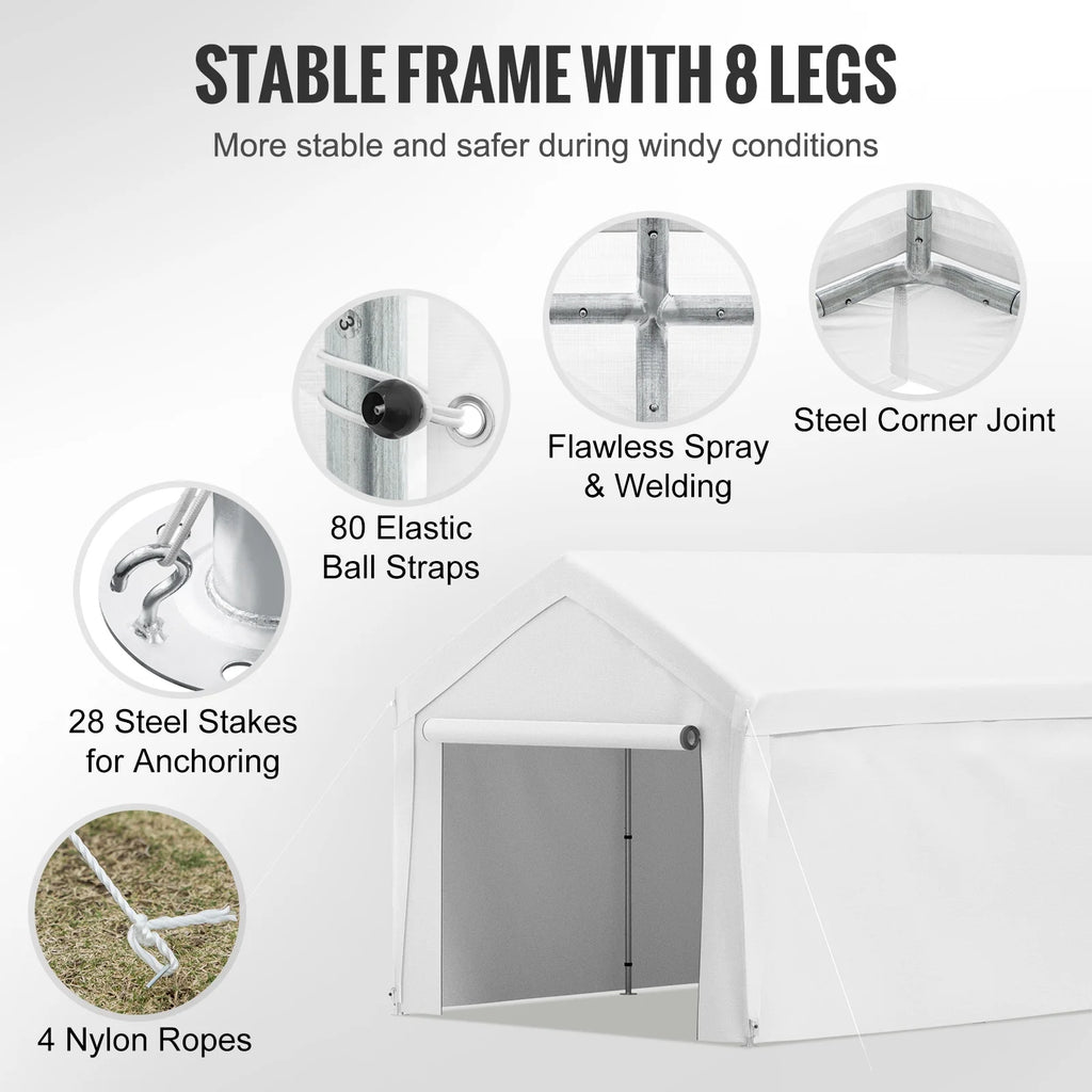 White 13 x 20ft Carport Canopy with 8 Legs and Sidewalls T5916