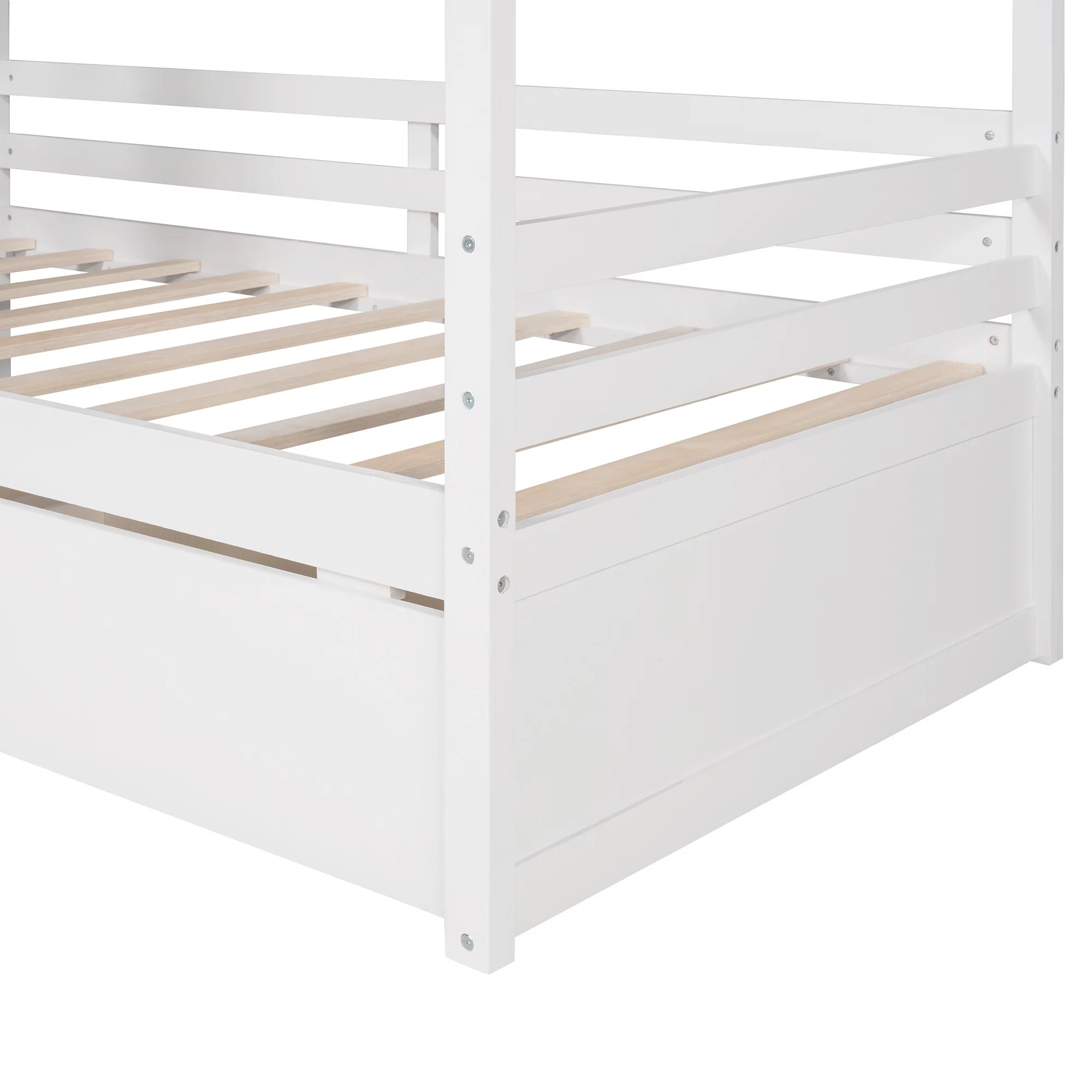 White Twin Size Wooden House Bed with Drawers and Guard Rails M1444