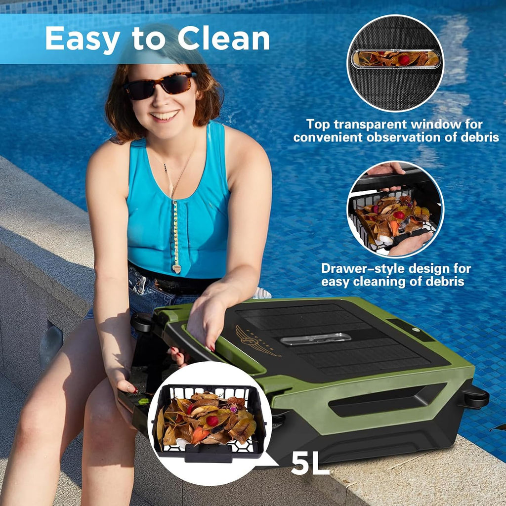 Cordless Robotic Pool Cleaner, Solar Powered Pool Skimmer with Dual Charging Options, Pool Robot Vacuum with Automatic Obstacle Avoidance, Green L576