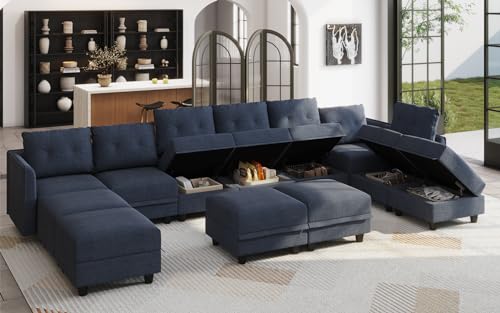 Modular Sectional Sofa with Chaise, 8 Seater Reversible L Shaped U Shape Sectional Couch with Storage, Denim Blue R877