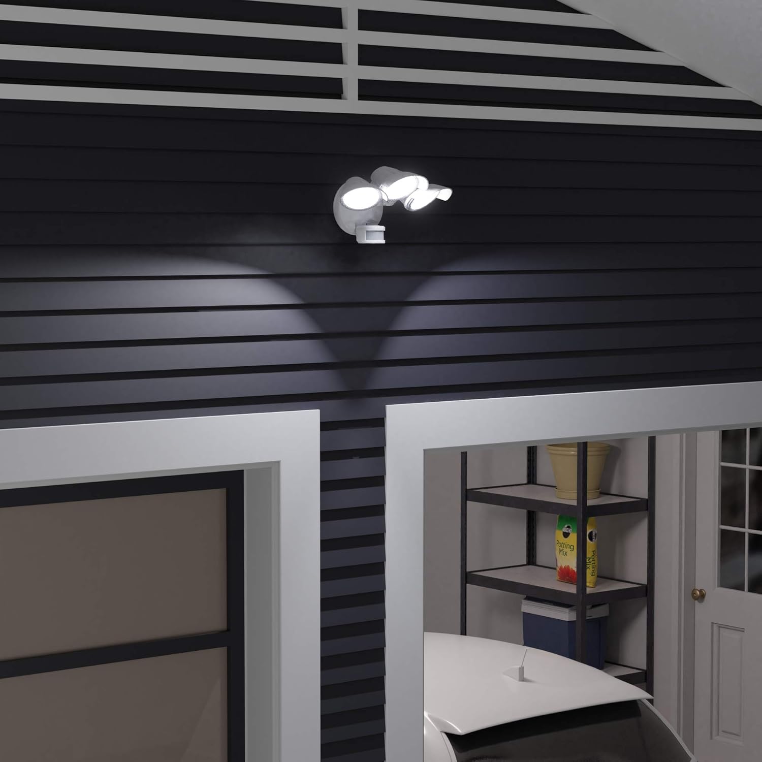 60W Waterproof LED Outdoor Motion Sensor Security Light with 3 Adjustable Heads, White U9122