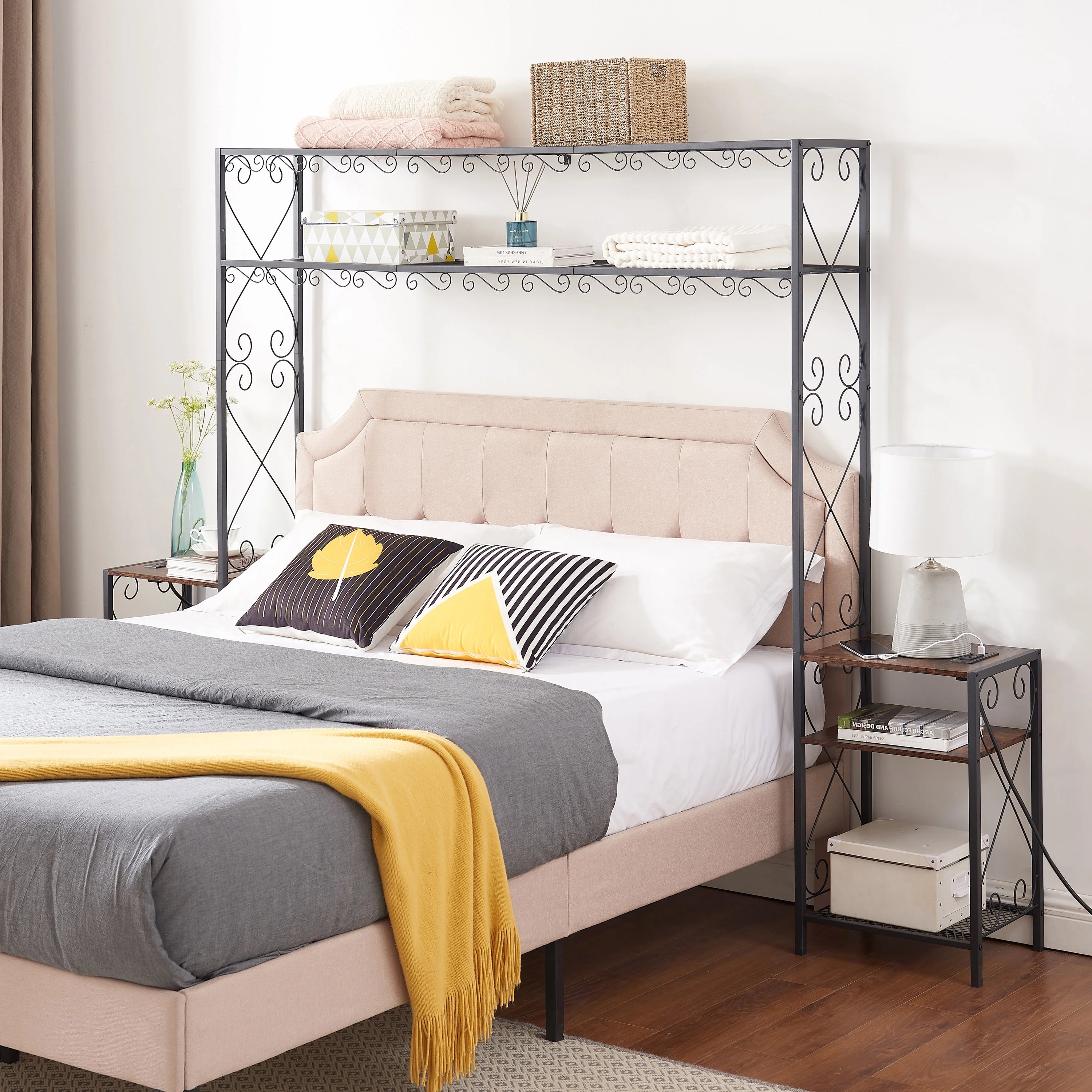 Queen Bed Frame with 2 Nightstands Headboards with Storage Cabinet, Headboard with Shelves, Bookcase Headboard Iron and Wood Rustic Brown C7817