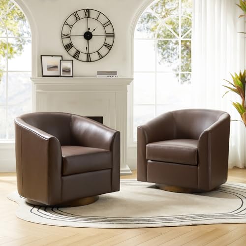 Brown Genuine Leather Swivel Barrel Chair Set of 2 I376751