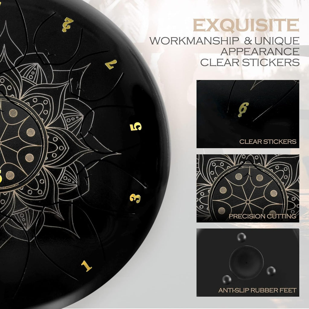 13 Notes 12 Inches Steel Tongue Drum Kit with Lotus Pattern, Black F377239
