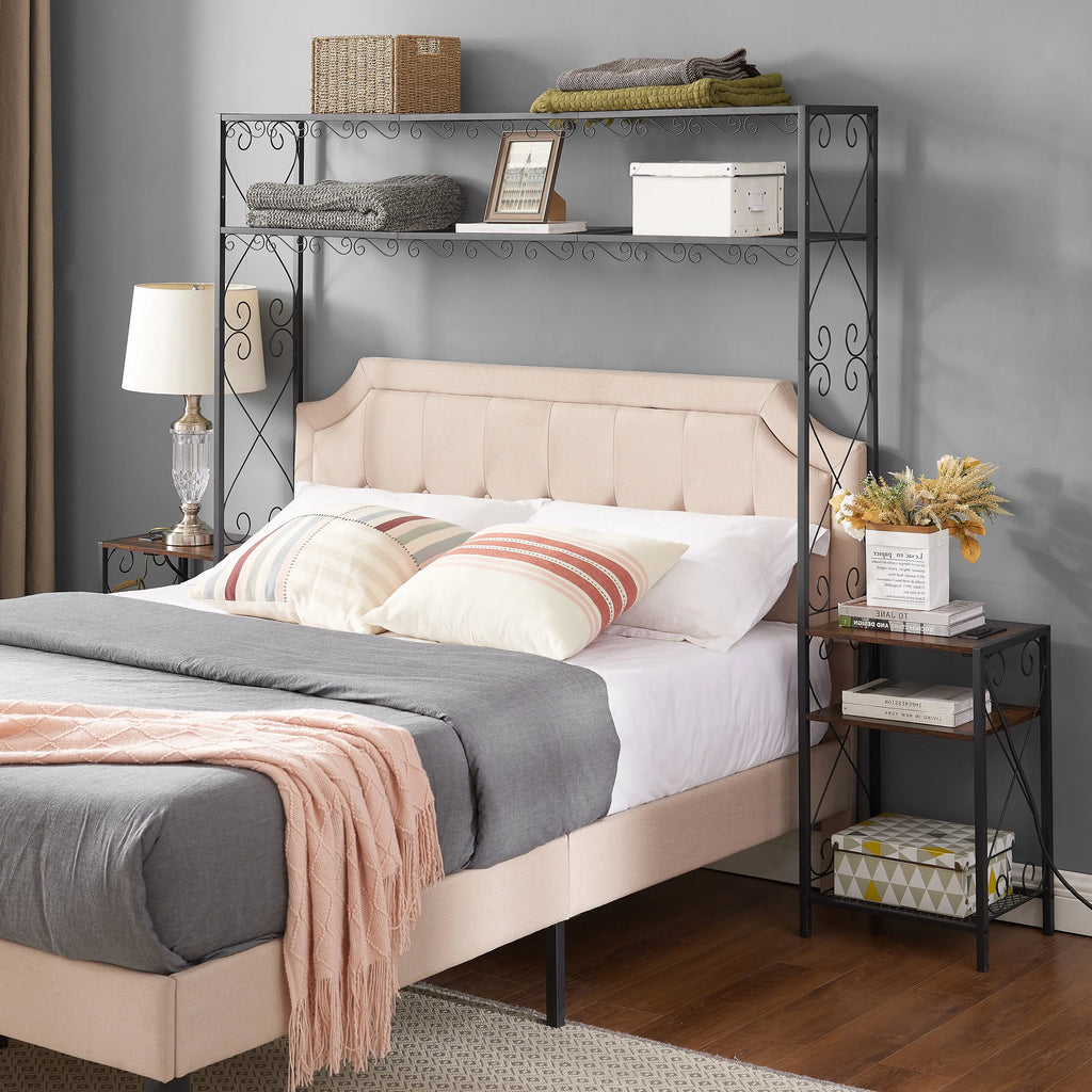 Queen Bed Frame with 2 Nightstands Headboards with Storage Cabinet, Headboard with Shelves, Bookcase Headboard Iron and Wood Rustic Brown C7817